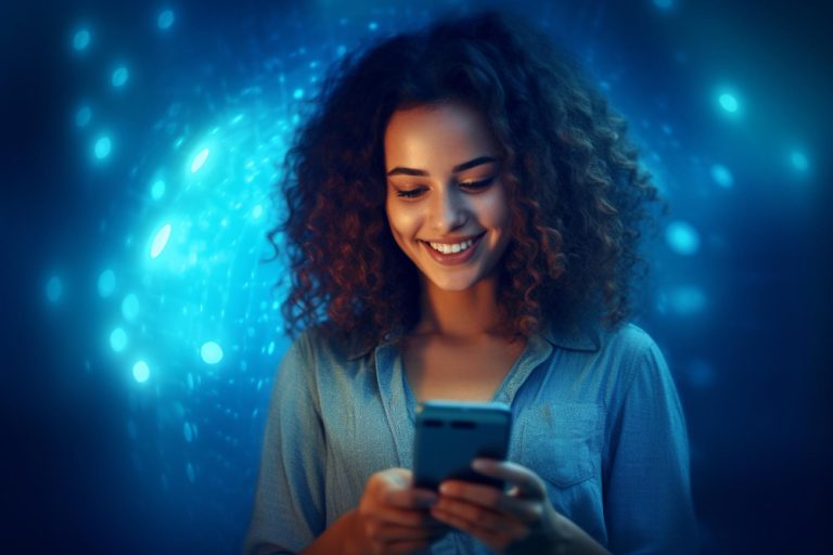 mulher-jovem-feliz-verificando-seu-telefone-em-fundo-azul-com-generative-ai